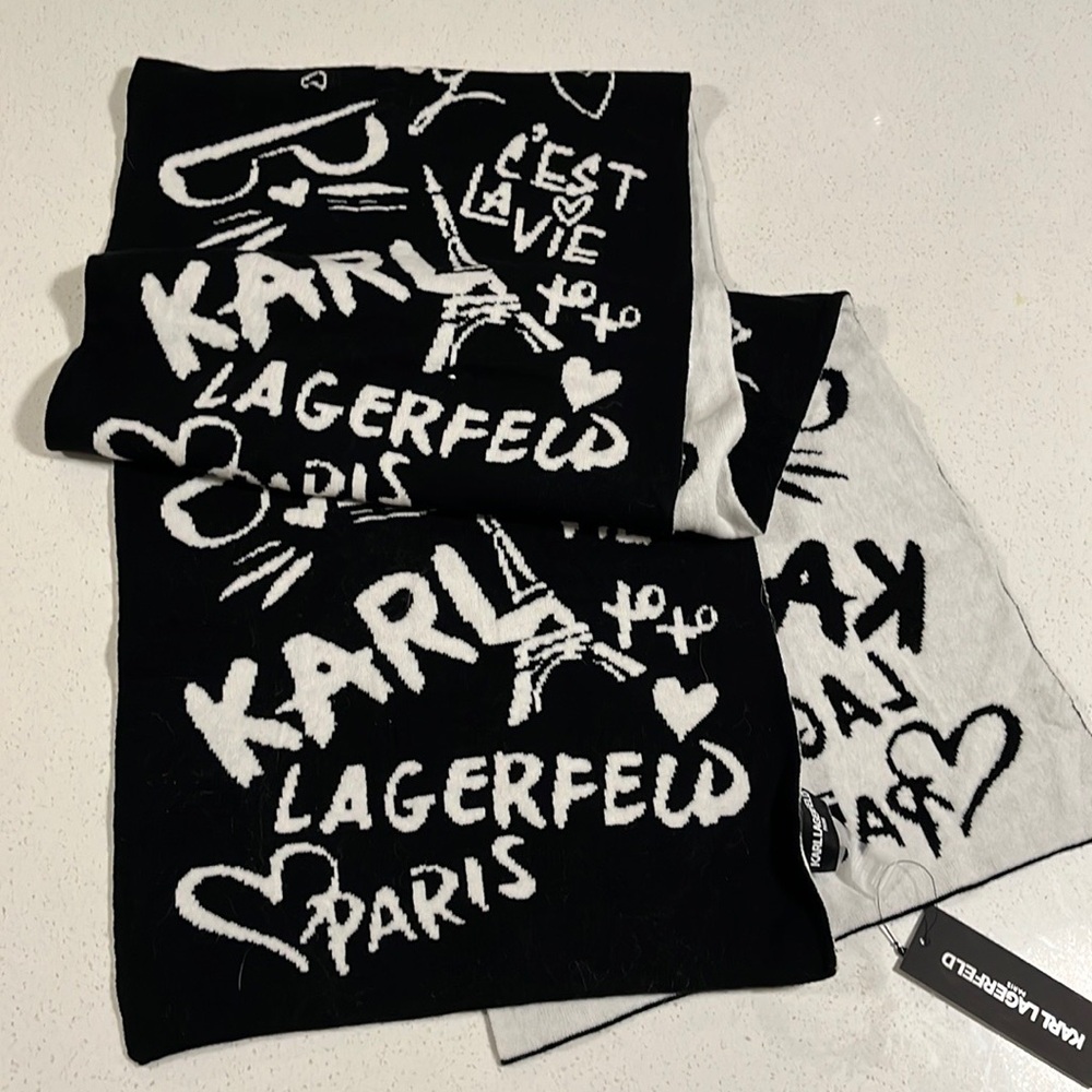 Karl Lagerfeld-Scarf Paris Icons and Karl Sayings Blanket Scarf, Black & Whites